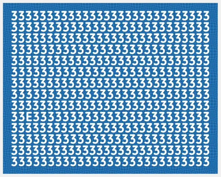 Encontre a letra E entre os números 3 em branco sobre fundo azul. Teste visual com um fundo azul com números 3 brancos repetidos formando padrão, com uma letra E escondida entre os números.