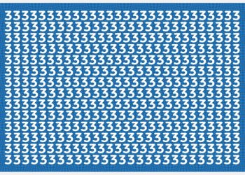 Teste visual com um fundo azul com números 3 brancos repetidos formando padrão, com uma letra E escondida entre os números.