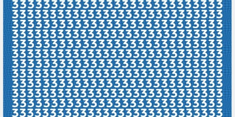 Teste visual com um fundo azul com números 3 brancos repetidos formando padrão, com uma letra E escondida entre os números.