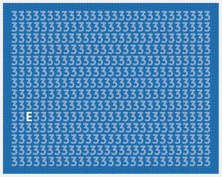 Teste visual com um padrão numérico e uma letra escondida Teste visual com um fundo azul com números 3 brancos repetidos formando padrão, com uma letra E escondida entre os números.