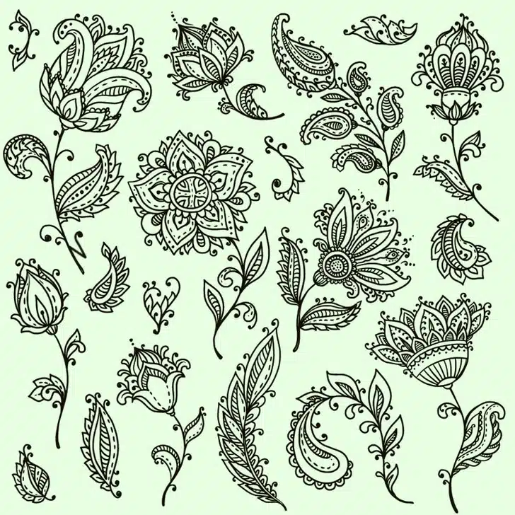 Encontre uma letra entre os desenhos florais. Teste visual com desenhos florais e folhas ornamentais em estilo henna com linhas pretas