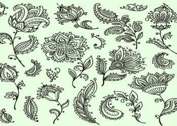 Teste visual com desenhos florais e folhas ornamentais em estilo henna com linhas pretas