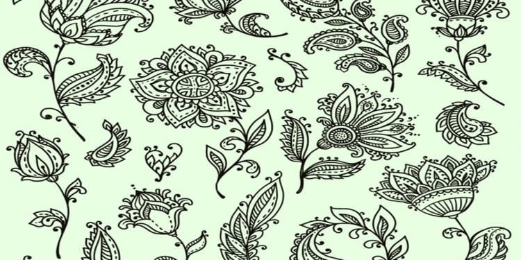 Teste visual com desenhos florais e folhas ornamentais em estilo henna com linhas pretas