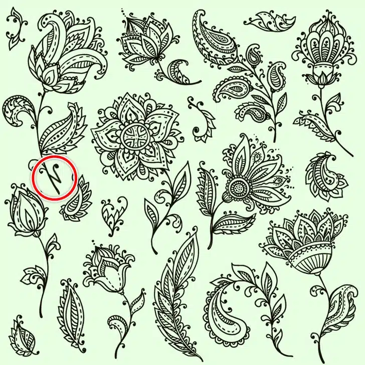 Encontre a letra escondida entre os desenhos florais ornamentais estilo henna em preto Teste visual com desenhos florais e folhas ornamentais em estilo henna com linhas pretas