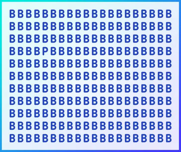 Desafio visual para encontrar a letra P escondida entre diversas letras B azuis. Teste visual com letras B azuis repetidas em fundo degradê e uma única letra P entre elas