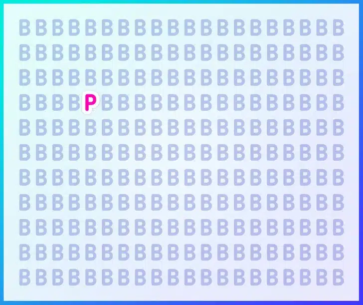 Encontre a letra P em meio a várias letras B azul Teste visual com letras B azuis repetidas em fundo degradê e uma única letra P entre elas