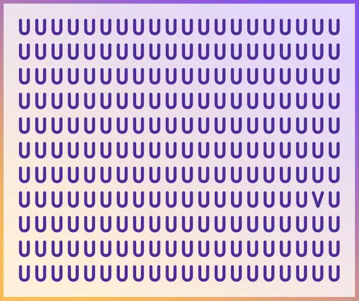Encontre o único caractere diferente oculto entre muitas letras U em uma imagem colorida. Teste visual com várias letras U em tons de roxo, exceto uma letra V escondida entre as letras.