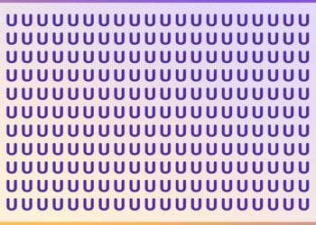 Teste visual com várias letras U em tons de roxo, exceto uma letra V escondida entre as letras.