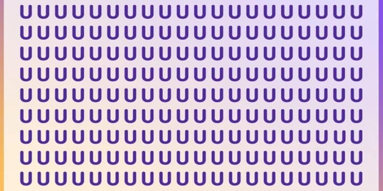 Teste visual com várias letras U em tons de roxo, exceto uma letra V escondida entre as letras.