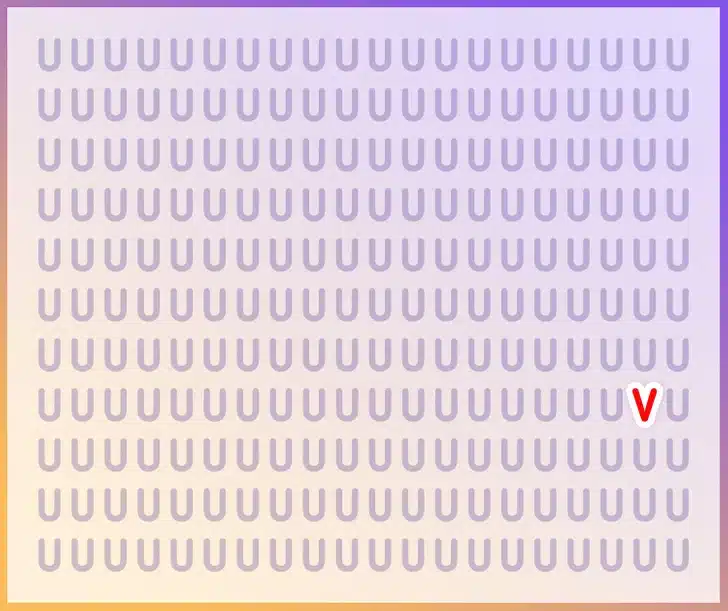 Desafio de Encontrar a Letra Diferente entre Várias Letras U Teste visual com várias letras U em tons de roxo, exceto uma letra V escondida entre as letras.