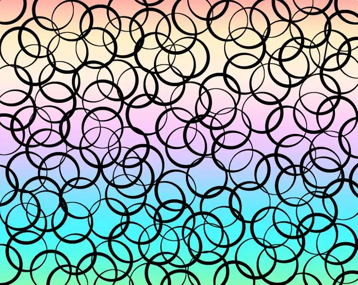 Encontre a linha reta entre os círculos pretos sobre um fundo em degradê. Teste visual com várias formas de círculos pretos sobre fundo degradê em tons pastéis coloridos como rosa, azul e verde.