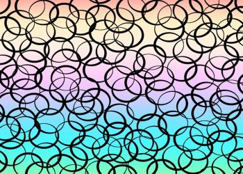 Teste visual com várias formas de círculos pretos sobre fundo degradê em tons pastéis coloridos como rosa, azul e verde.