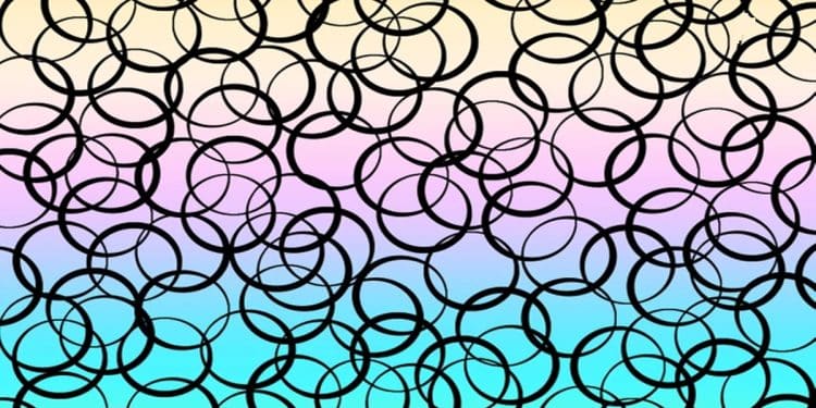 Teste visual com várias formas de círculos pretos sobre fundo degradê em tons pastéis coloridos como rosa, azul e verde.