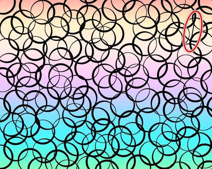 Ache a linha reta entre o padrão de círculos negros em fundo colorido degradê Teste visual com várias formas de círculos pretos sobre fundo degradê em tons pastéis coloridos como rosa, azul e verde.