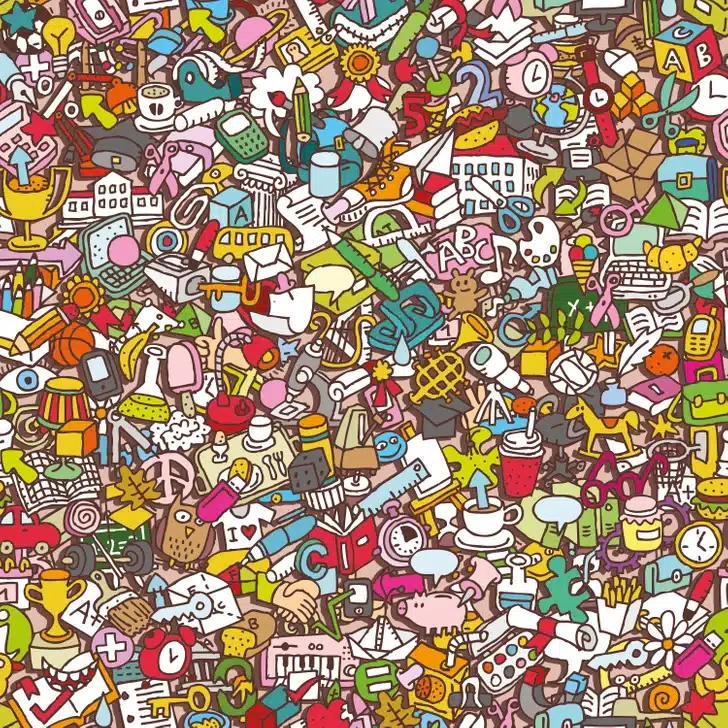 Ache as batatas fritas escondidas diversos símbolos e itens desenhados. Teste visual com ilustração colorida cheia de desenhos variados de objetos e símbolos em estilo mão livre