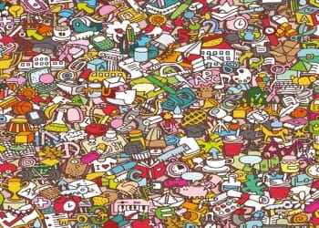 Teste visual com ilustração colorida cheia de desenhos variados de objetos e símbolos em estilo mão livre