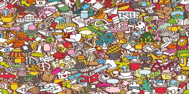 Teste visual com ilustração colorida cheia de desenhos variados de objetos e símbolos em estilo mão livre