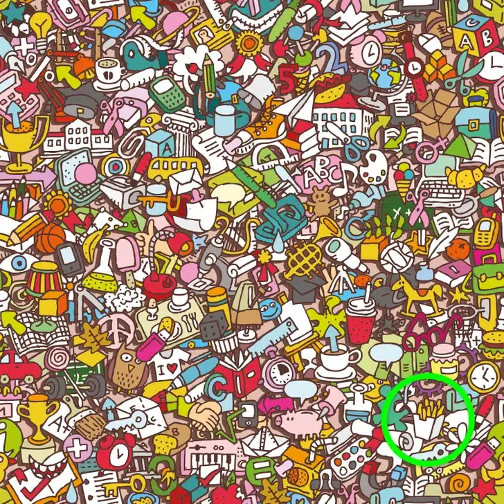Encontre as batatas fritas camufladas entre desenhos coloridos de itens e símbolos diversos Teste visual com ilustração colorida cheia de desenhos variados de objetos e símbolos em estilo mão livre