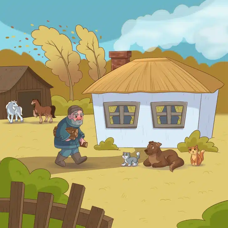 Descubra dois erros na imagem de um homem levando lenha para uma casa branca. Teste visual com uma ilustração de um homem idoso carregando lenha perto de uma casa simples, com animais ao redor.