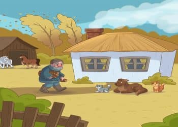 Teste visual com uma ilustração de um homem idoso carregando lenha perto de uma casa simples, com animais ao redor.