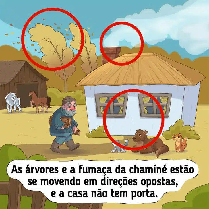 Ache dois erro na imagem com um homem carregando lenha em fazenda com animais Teste visual com uma ilustração de um homem idoso carregando lenha perto de uma casa simples, com animais ao redor.