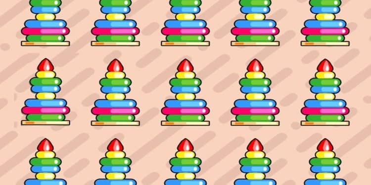 Teste visual com várias pilhas de anéis coloridos empilhados com uma peça vermelha no topo sobre fundo bege com sombras