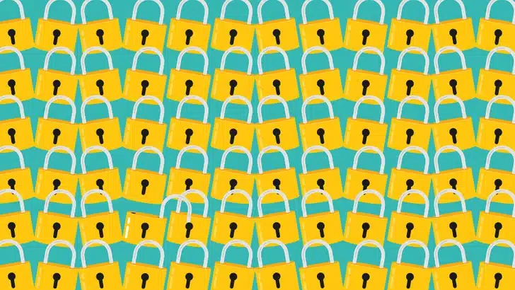 Ache o cadeado aberto entre múltiplos cadeados amarelos. Teste visual com vários cadeados amarelos com formato simples sobre fundo azul em padrão repetido.