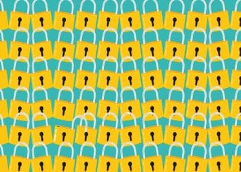 Teste visual com vários cadeados amarelos com formato simples sobre fundo azul em padrão repetido.