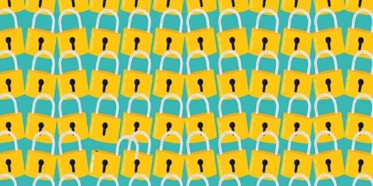 Teste visual com vários cadeados amarelos com formato simples sobre fundo azul em padrão repetido.