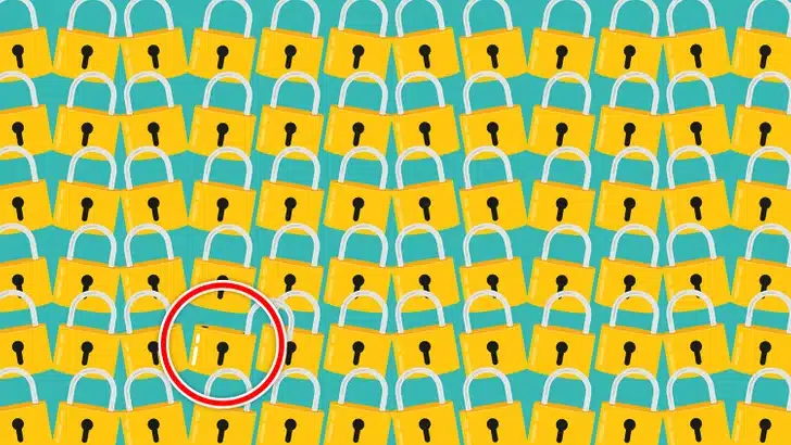 Encontre o cadeado entre os cadeados amarelos em fundo azul Teste visual com vários cadeados amarelos com formato simples sobre fundo azul em padrão repetido.