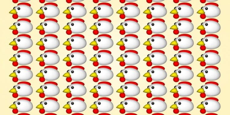 Teste visual com um padrão repetido de desenhos de cabeças de galinhas brancas em fundo amarelo.