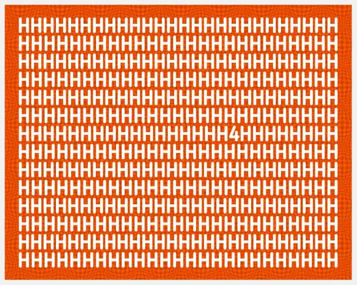 Encontre o número 4 escondido entre as muitas letras H em fundo laranja. Teste visual com uma imagem laranja e dezenas de letras H brancas repetidas e um número 4 escondido entre elas