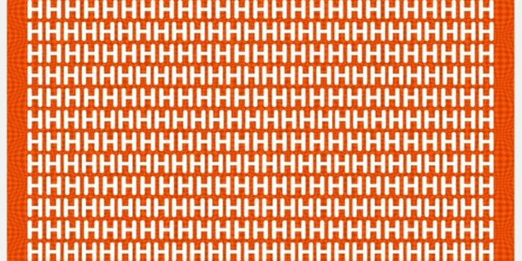 Teste visual com uma imagem laranja e dezenas de letras H brancas repetidas e um número 4 escondido entre elas