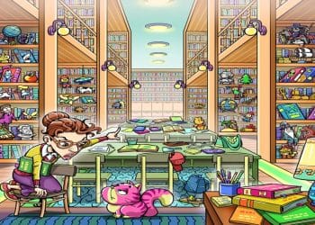 Teste visual de uma mulher de óculos sentada em uma cadeira, encarando um gato rosa em uma biblioteca repleta de livros e objetos coloridos.