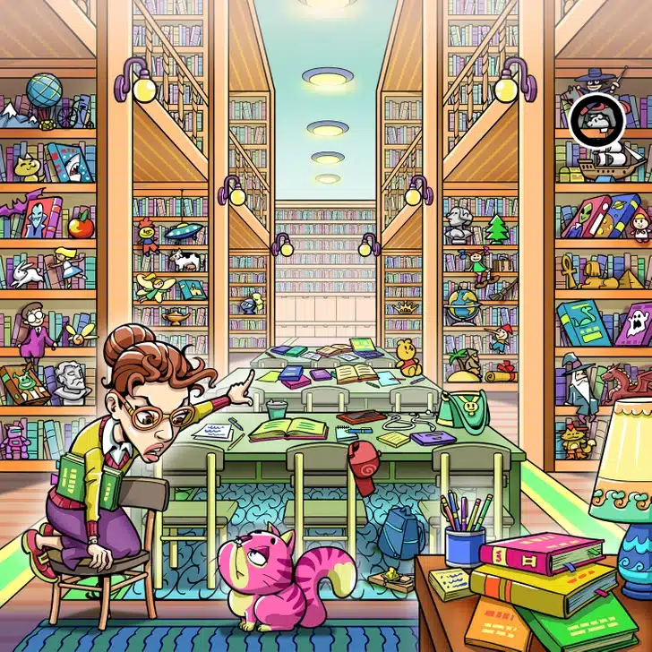 Desafio visual para achar o rato escondido na biblioteca. Teste visual de uma mulher de óculos sentada em uma cadeira, encarando um gato rosa em uma biblioteca repleta de livros e objetos coloridos.