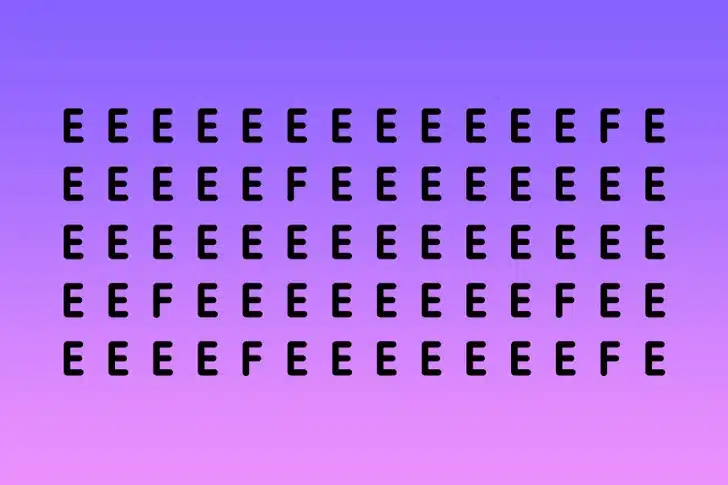 Teste visual com várias letras E em preto e algumas letras F escondidas.