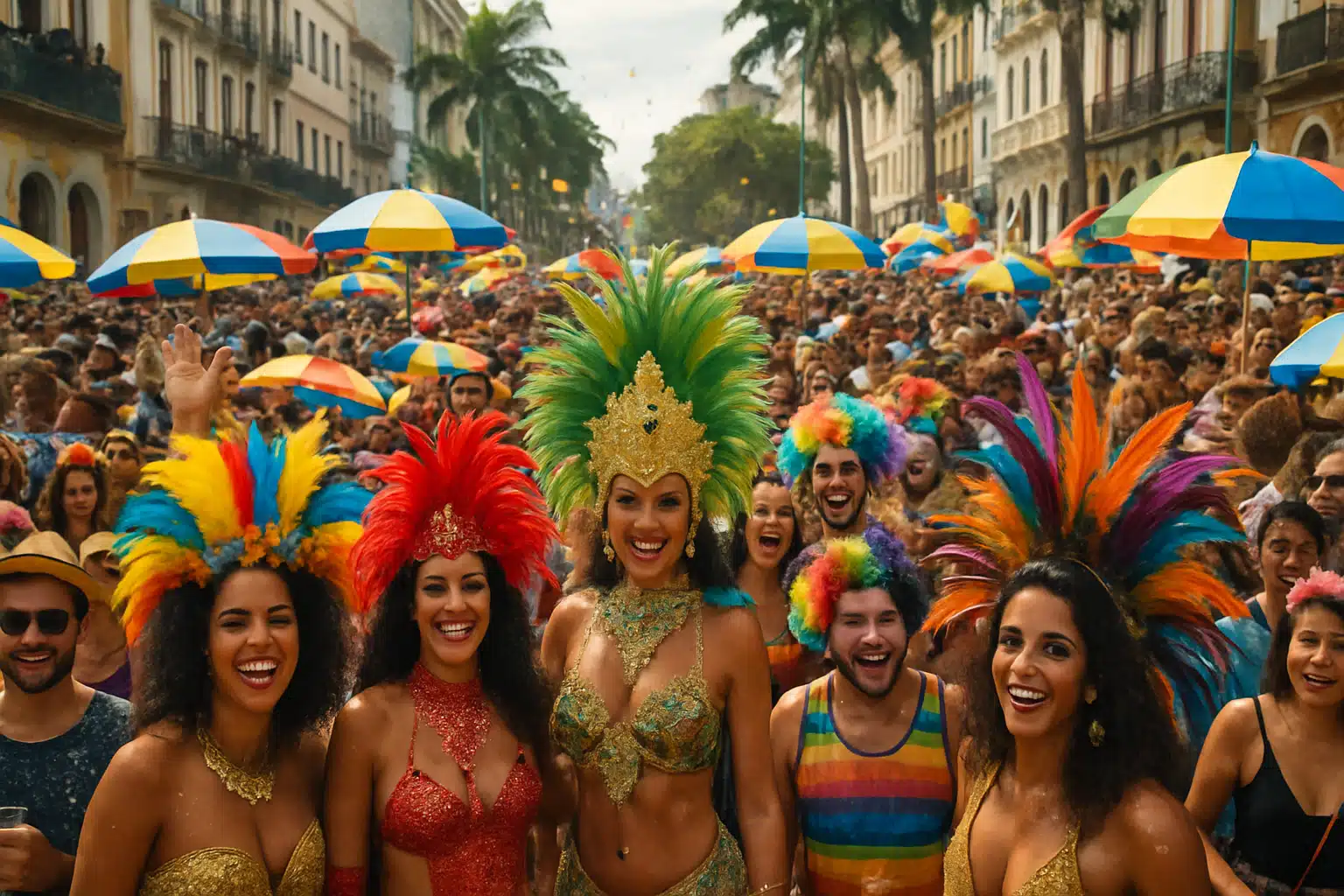 Pessoas fantasiadas em desfile de carnaval de rua com sombrinhas coloridas.