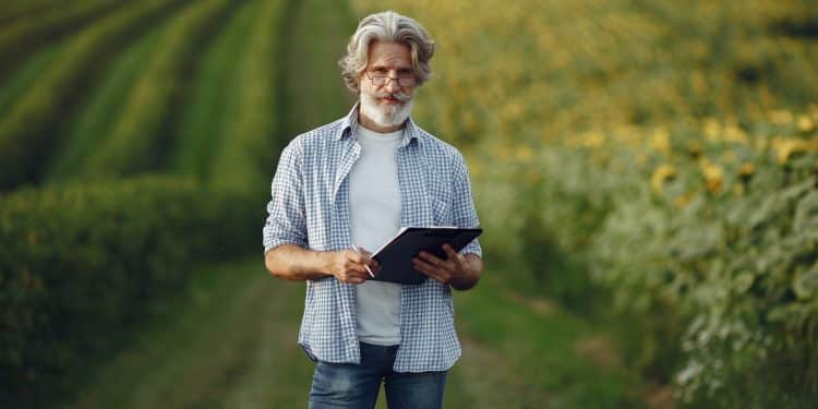 Profissional do agronegócio utiliza tablet para análise de dados em lavoura moderna.