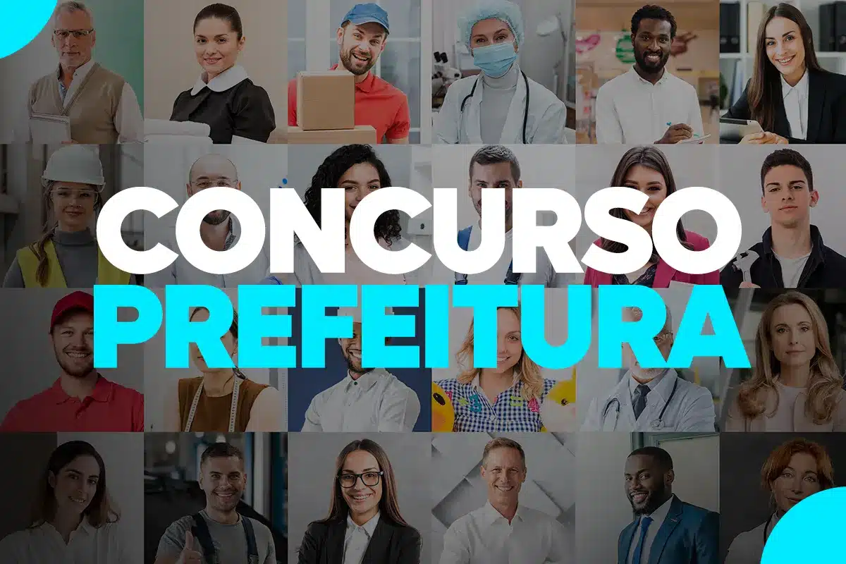 concurso da Prefeitura de Florianópolis Imagem de diversas pessoas representando diferentes profissões, com o texto 'CONCURSO PREFEITURA' em destaque.