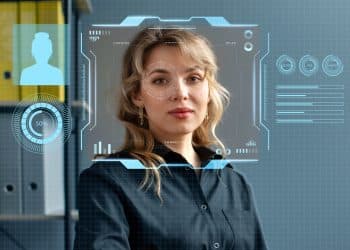 Profissional com interface de inteligência artificial e elementos digitais representando uso de IA na criação de currículos.