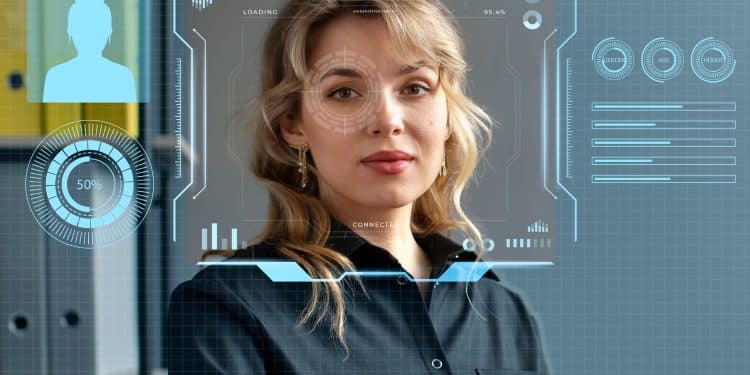 Profissional com interface de inteligência artificial e elementos digitais representando uso de IA na criação de currículos.