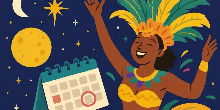 Mulher sambando com fantasia de carnaval ao lado de calendário.