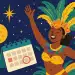 Mulher sambando com fantasia de carnaval ao lado de calendário.