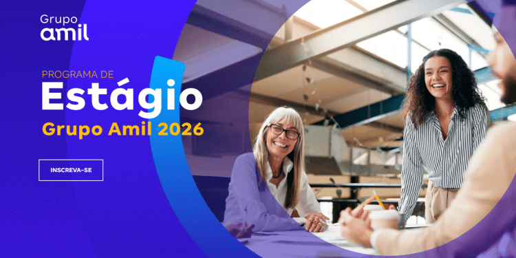 Banner oficial do Programa de Estágio Grupo Amil 2026 com profissionais em ambiente corporativo e botão inscreva-se