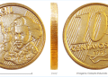 Moeda dourada de 10 centavos de 1998: o anverso com a efígie de Dom Pedro I, o reverso com o valor nominal e o perfil da borda serrilhada.