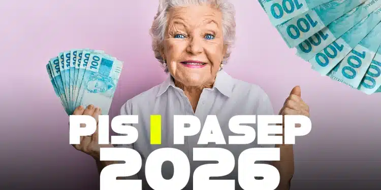 Idosa feliz segurando dinheiro em cédulas de 100 reais com texto PIS PASEP 2026 ao fundo