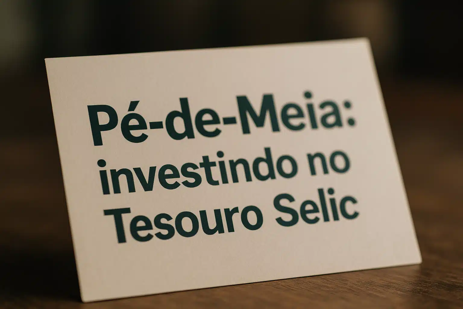 Placa branca sobre mesa de madeira com texto Pé-de-Meia investindo no Tesouro Selic em letras verdes