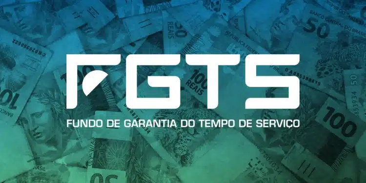 Arte gráfica com o logotipo branco "FGTS - Fundo de Garantia do Tempo de Serviço" centralizado. O fundo é composto por diversas cédulas de 50 e 100 Reais sobrepostas, com um filtro visual em tons de azul e verde.