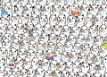 Desenho com muitos bonecos de neve e um panda escondido entre eles.