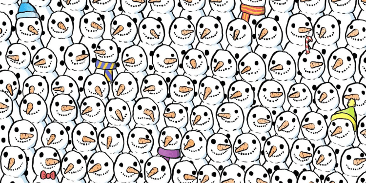 Desenho com muitos bonecos de neve e um panda escondido entre eles.